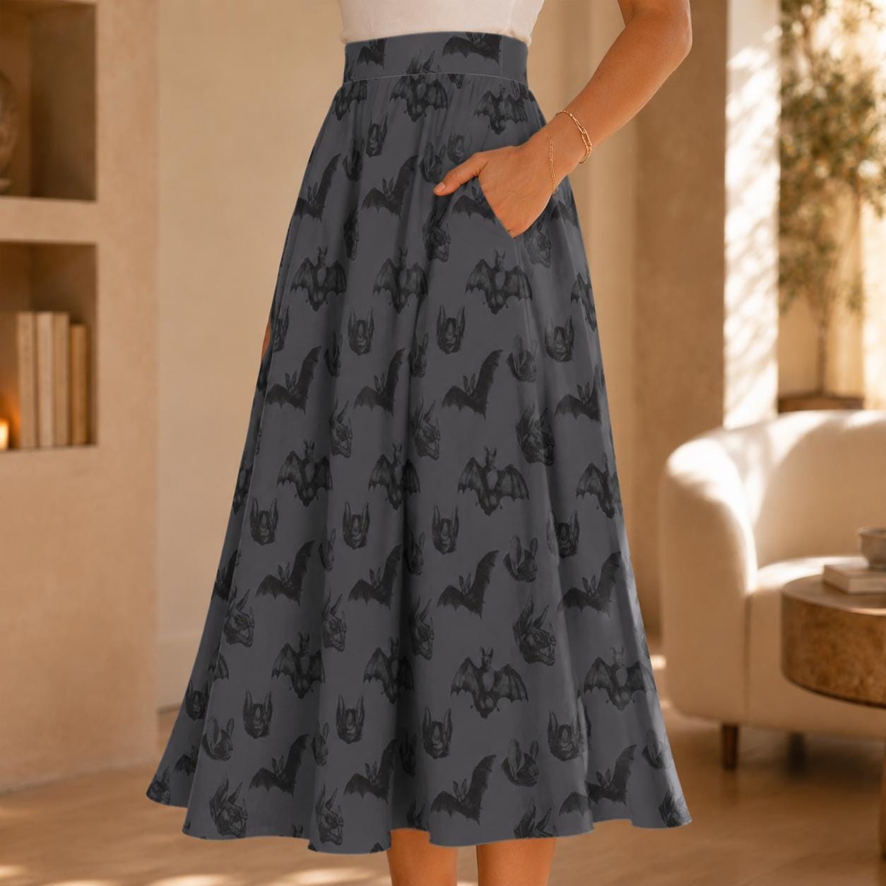 Bat Print Midi Skirt, Dark Gray Flowy A-Line with Pockets, Witchy Fall Halloween Wear