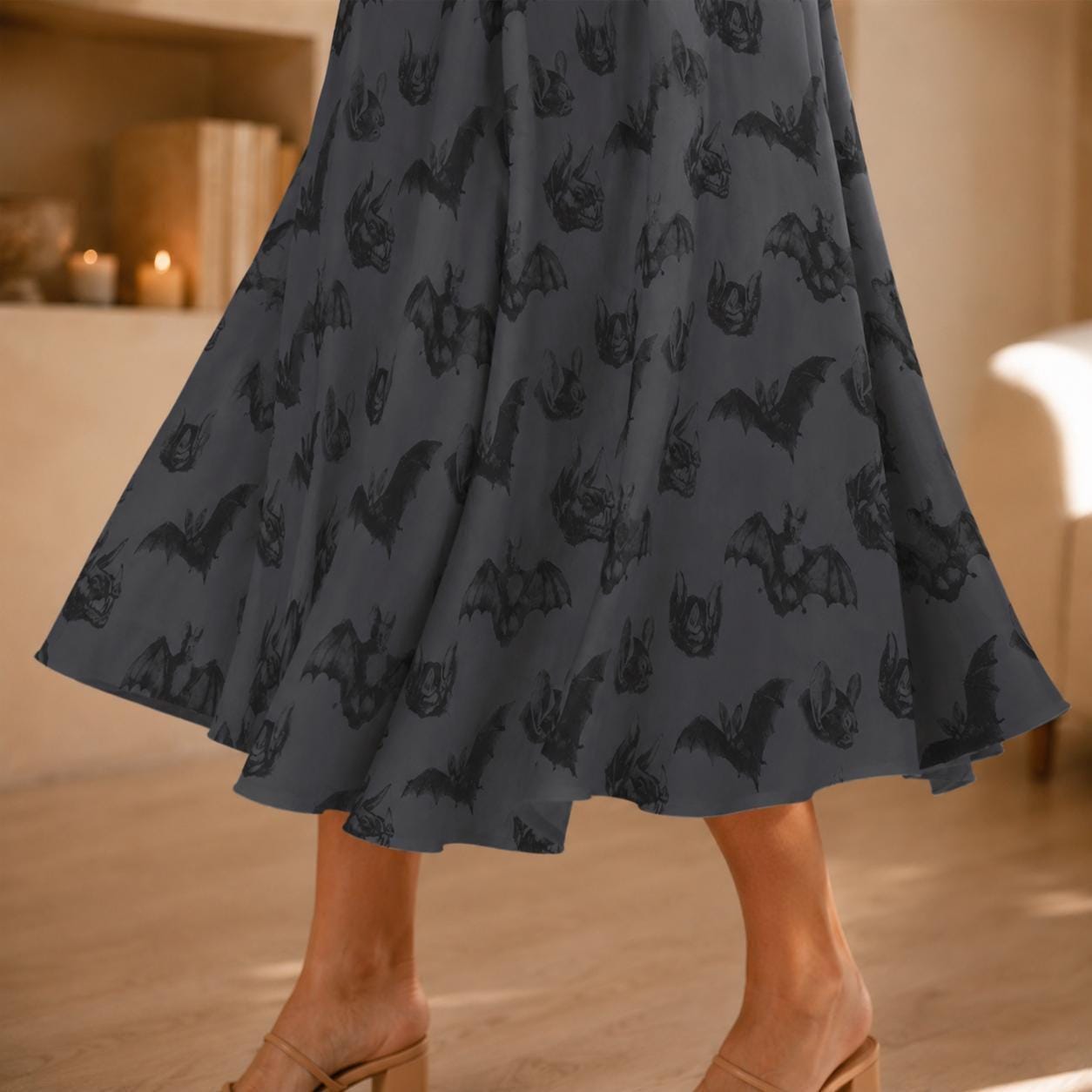 Bat Print Midi Skirt, Dark Gray Flowy A-Line with Pockets, Witchy Fall Halloween Wear