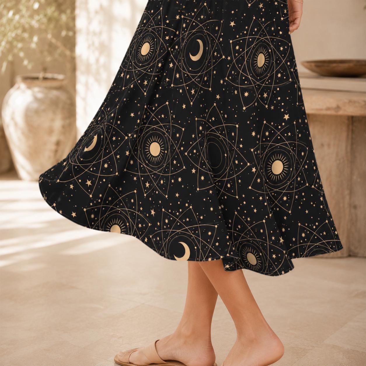 Black Celestial Midi Skirt, Moon Star Print, High Waist Pockets, Witchy Festival Style
