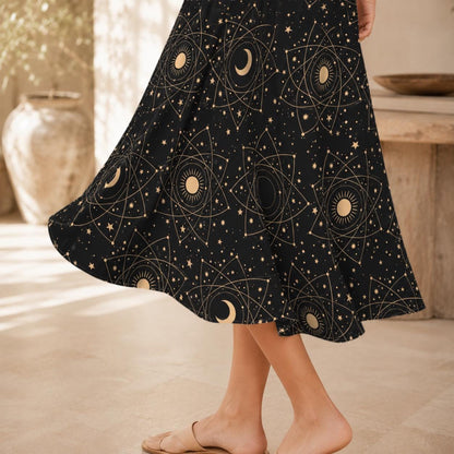 Black Celestial Midi Skirt, Moon Star Print, High Waist Pockets, Witchy Festival Style
