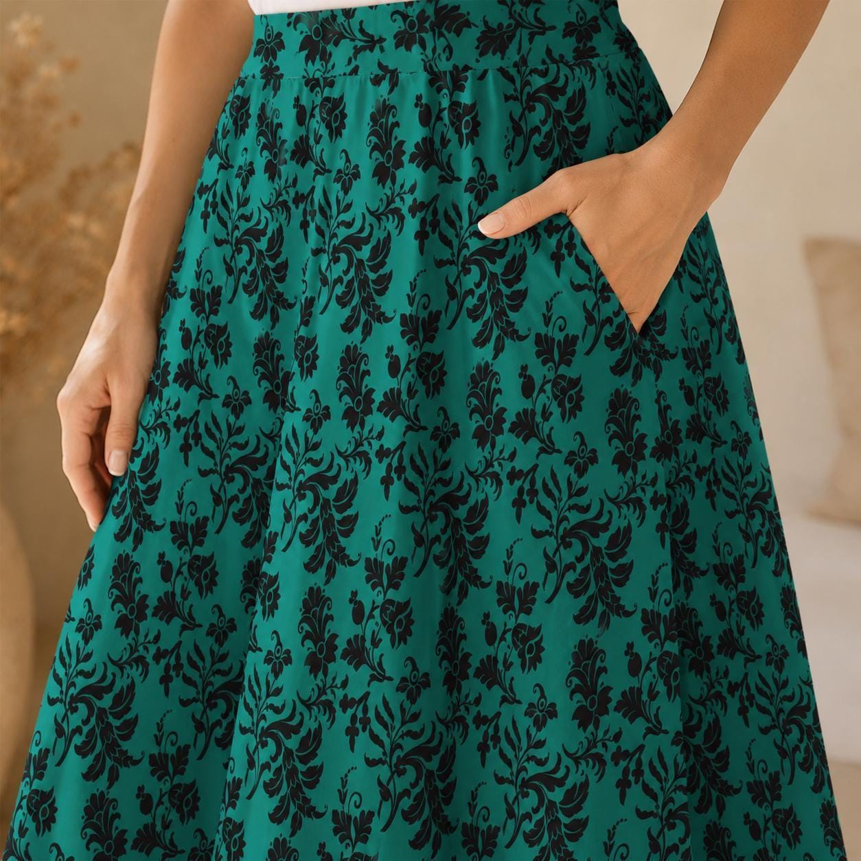 Teal Botanical Maxi Skirt, Black Floral Cottagecore, High Waist Flowy Garden Party