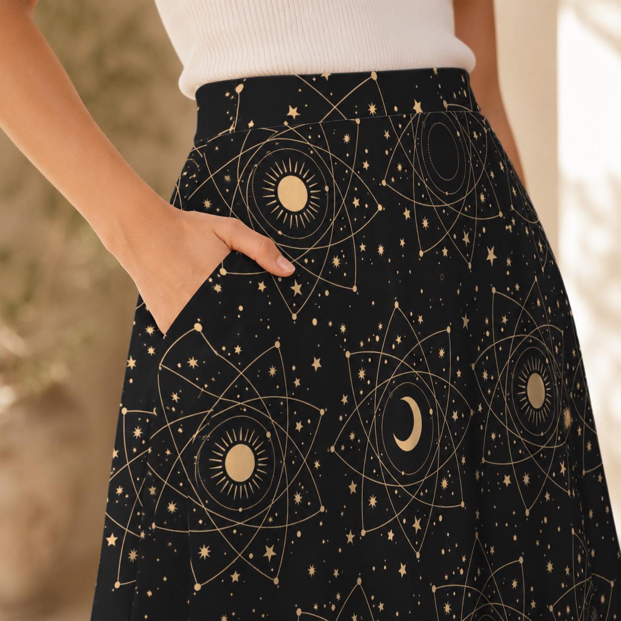 Black Celestial Midi Skirt, Moon Star Print, High Waist Pockets, Witchy Festival Style