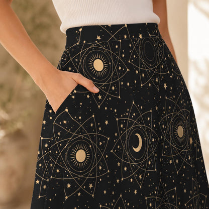 Black Celestial Midi Skirt, Moon Star Print, High Waist Pockets, Witchy Festival Style