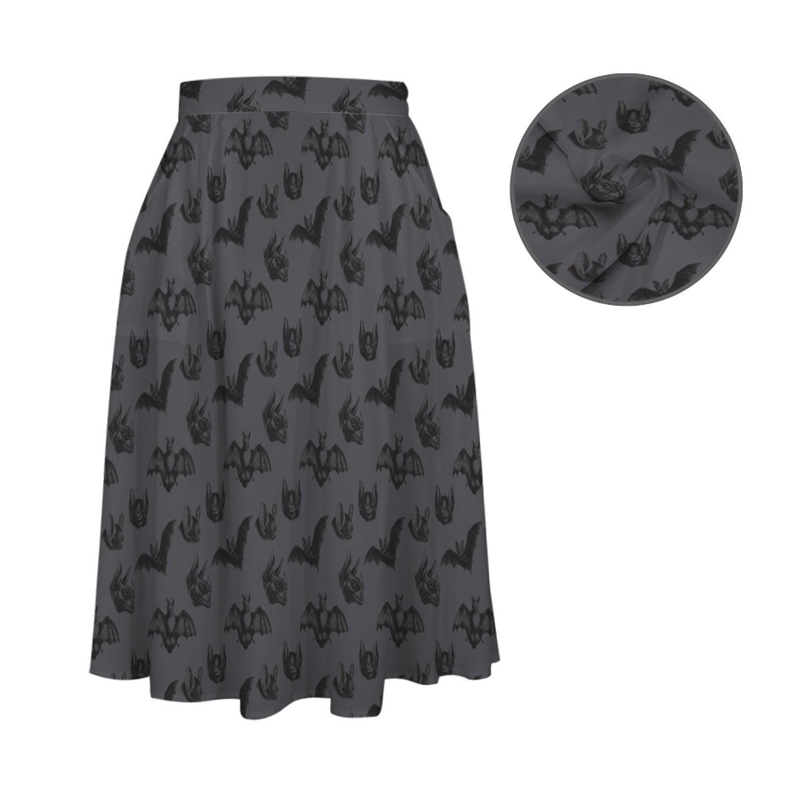 Bat Print Midi Skirt, Dark Gray Flowy A-Line with Pockets, Witchy Fall Halloween Wear