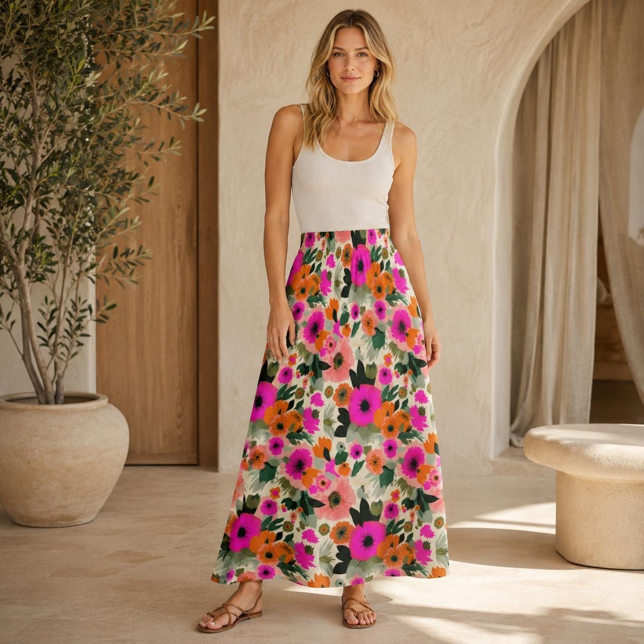 Bold Floral Maxi Skirt, Tropical Garden Print, High Waist Flowy Vacation Skirt