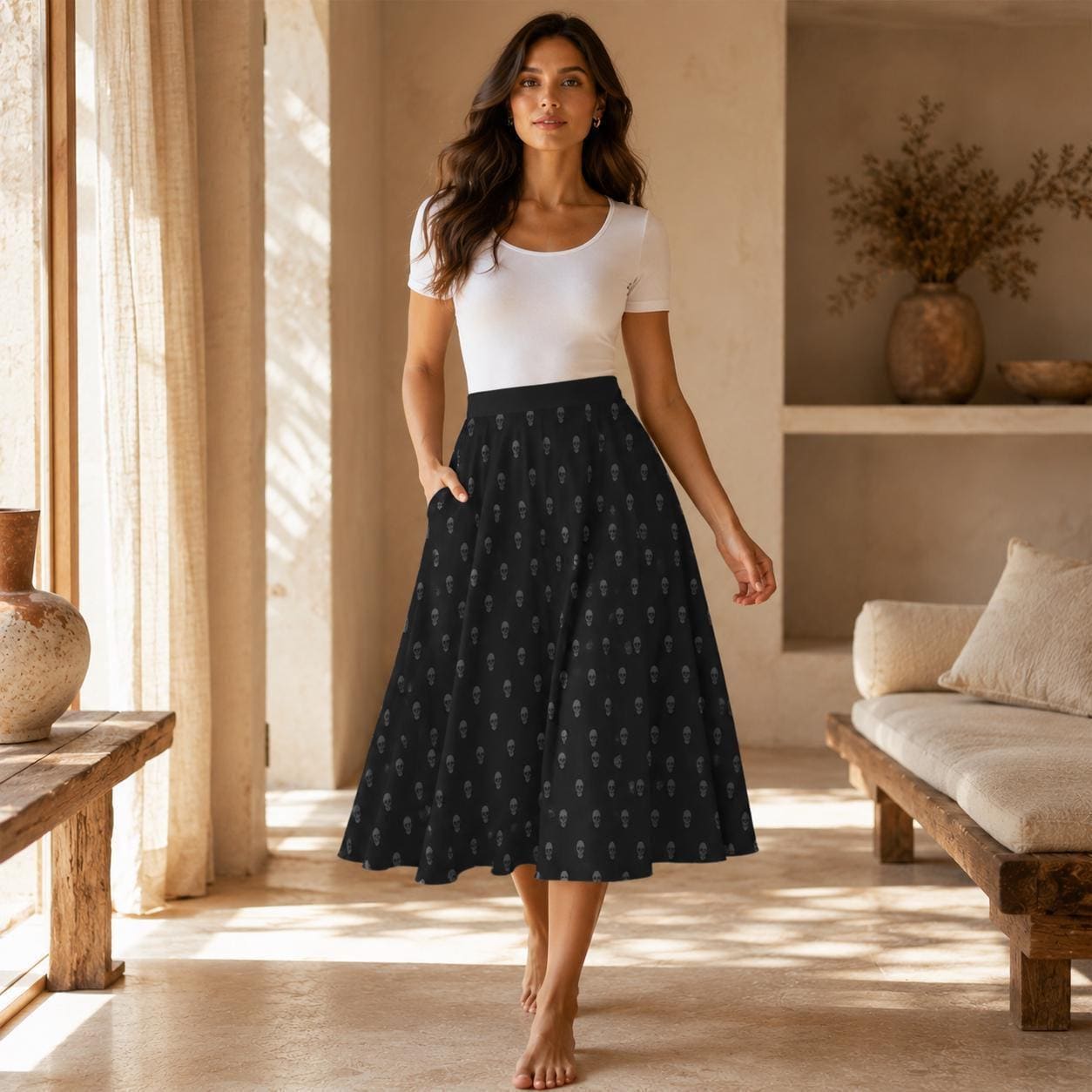 Black Skull Print Midi Skirt, Subtle Gothic Dark Academia Flowy Style
