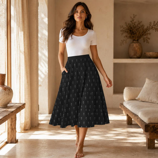 Black Skull Print Midi Skirt, Subtle Gothic Dark Academia Flowy Style