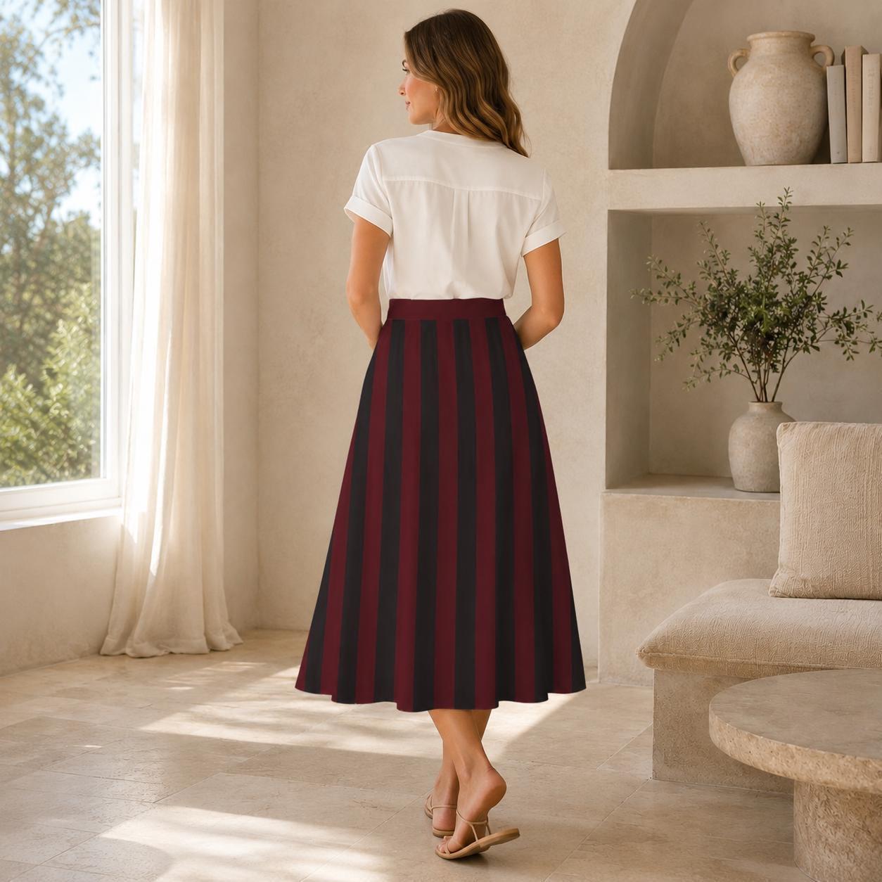 Burgundy Black Striped Midi Skirt, High Waist A Line With Pockets