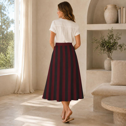 Burgundy Black Striped Midi Skirt, High Waist A Line With Pockets