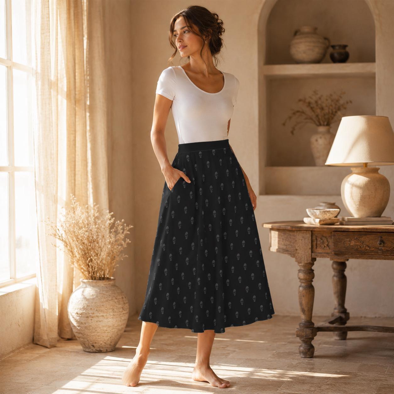 Black Skull Print Midi Skirt, Subtle Gothic Dark Academia Flowy Style