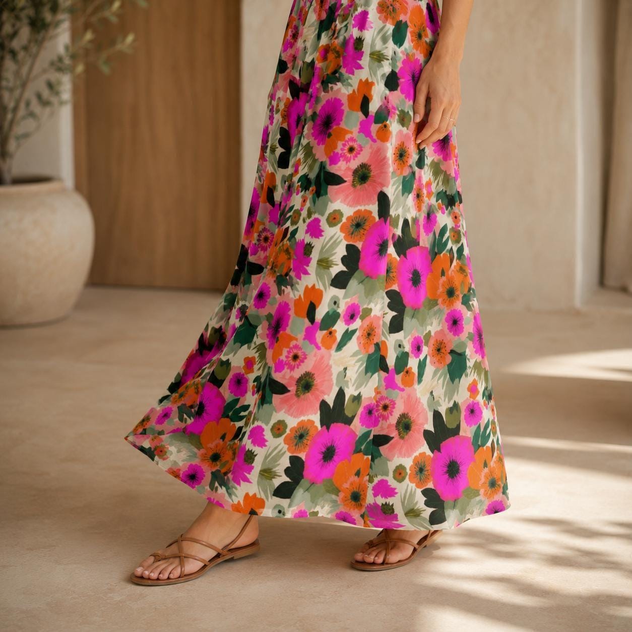 Bold Floral Maxi Skirt, Tropical Garden Print, High Waist Flowy Vacation Skirt