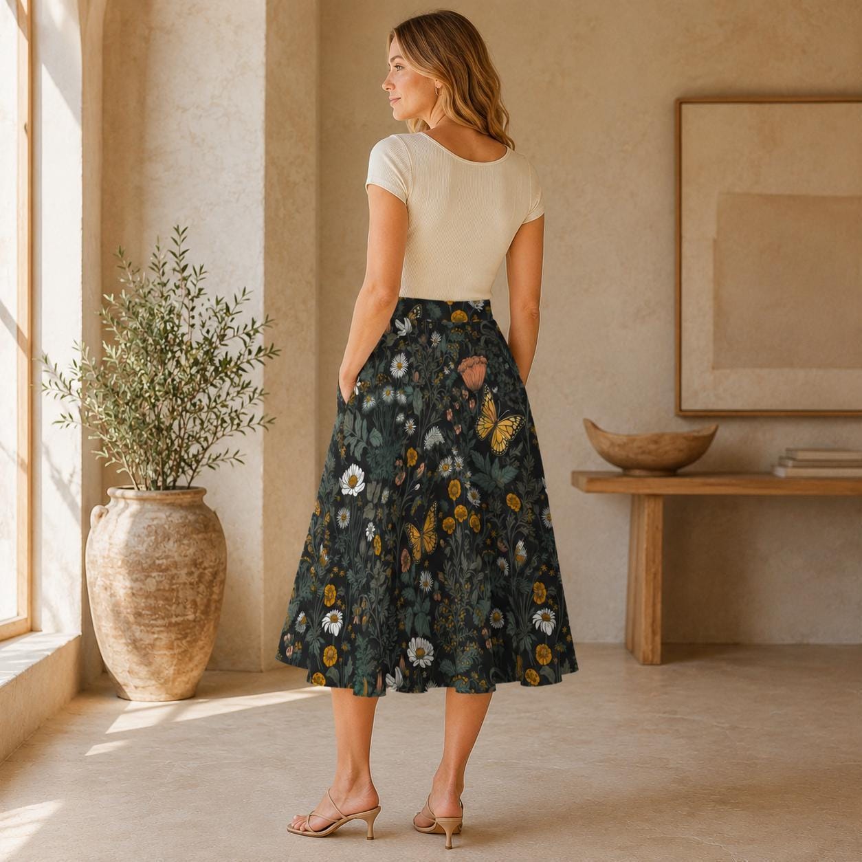 Dark Meadow Butterfly Midi Skirt, Cottagecore Floral A-Line with Pockets