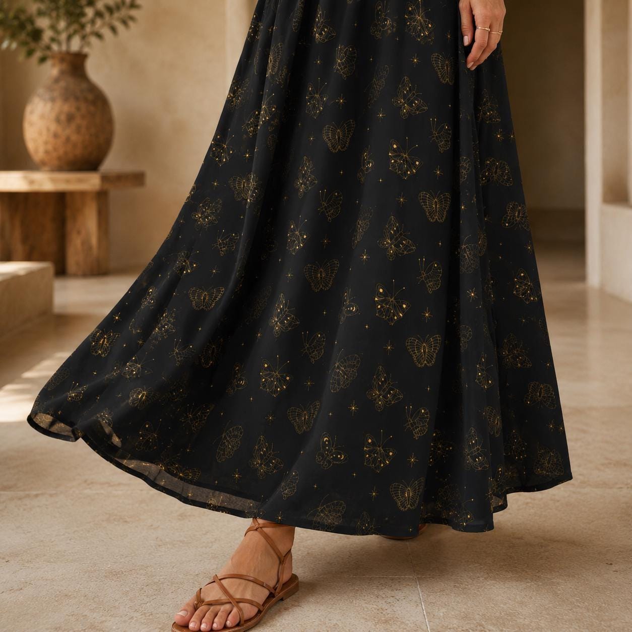 Black Butterfly Maxi Skirt, Celestial Star Print, Witchy Festival Style, Flowy High Waist