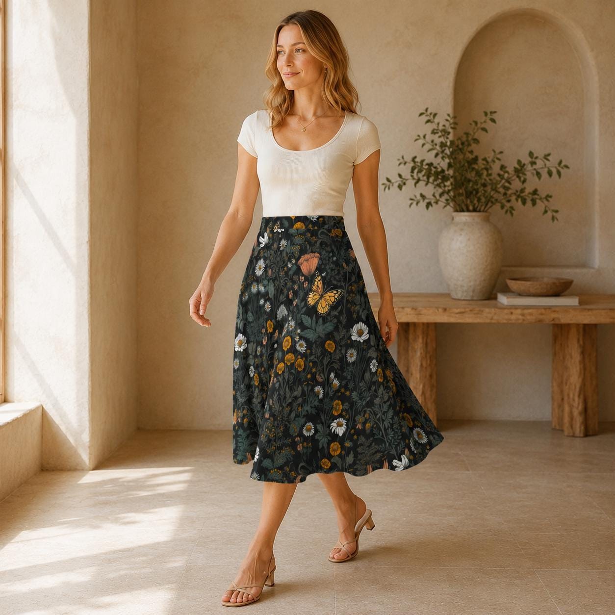 Dark Meadow Butterfly Midi Skirt, Cottagecore Floral A-Line with Pockets