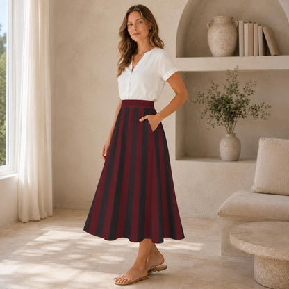 Burgundy Black Striped Midi Skirt, High Waist A Line With Pockets