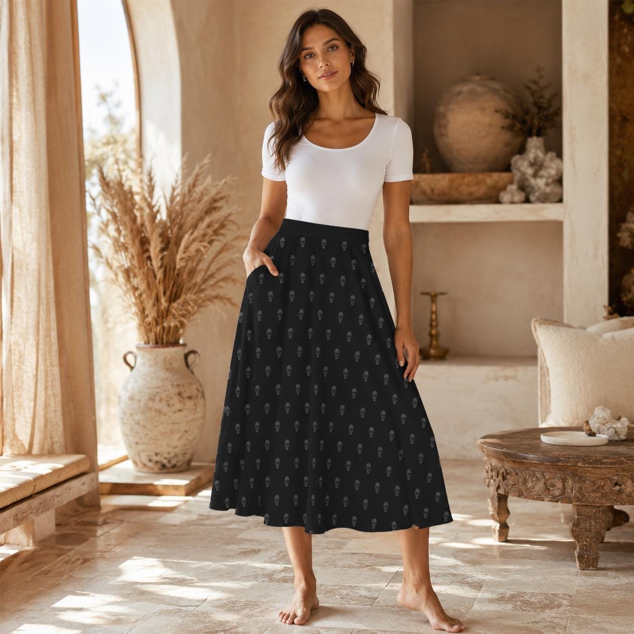 Black Skull Print Midi Skirt, Subtle Gothic Dark Academia Flowy Style