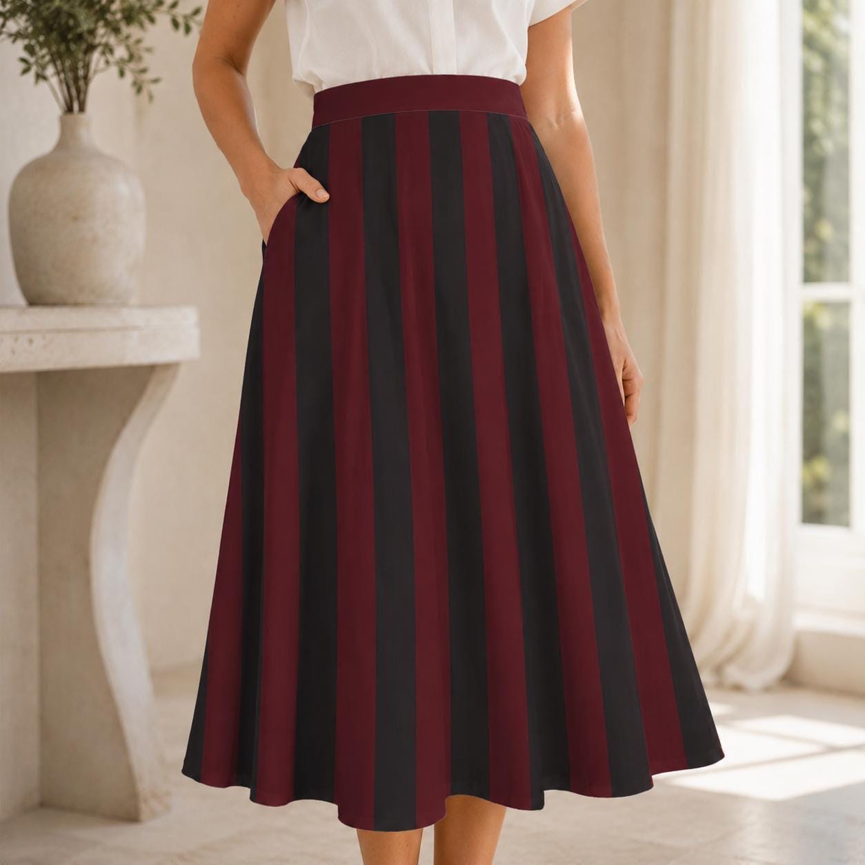 Burgundy Black Striped Midi Skirt, High Waist A Line With Pockets