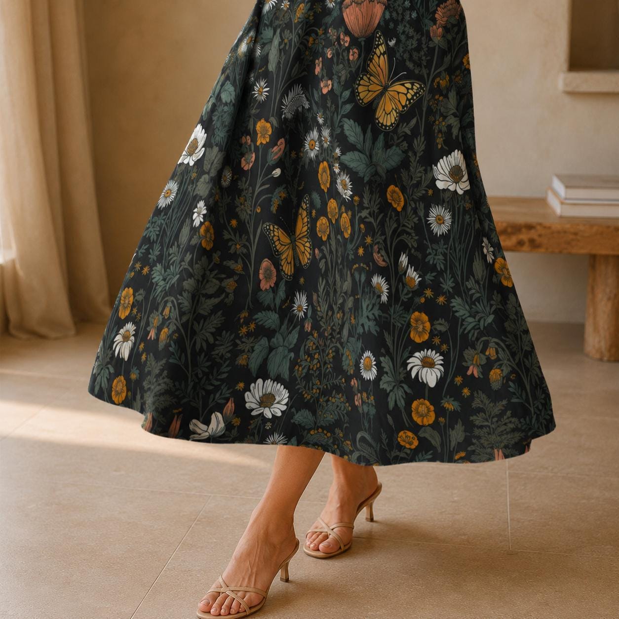 Dark Meadow Butterfly Midi Skirt, Cottagecore Floral A-Line with Pockets