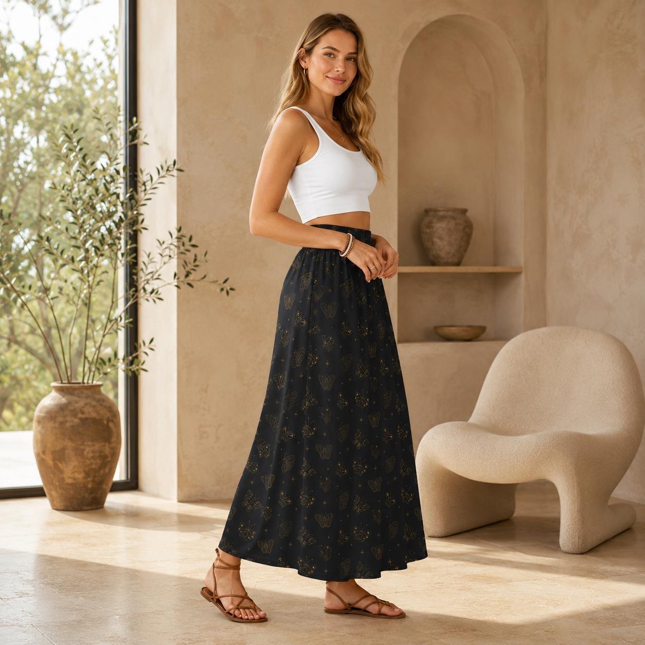 Black Butterfly Maxi Skirt, Celestial Star Print, Witchy Festival Style, Flowy High Waist