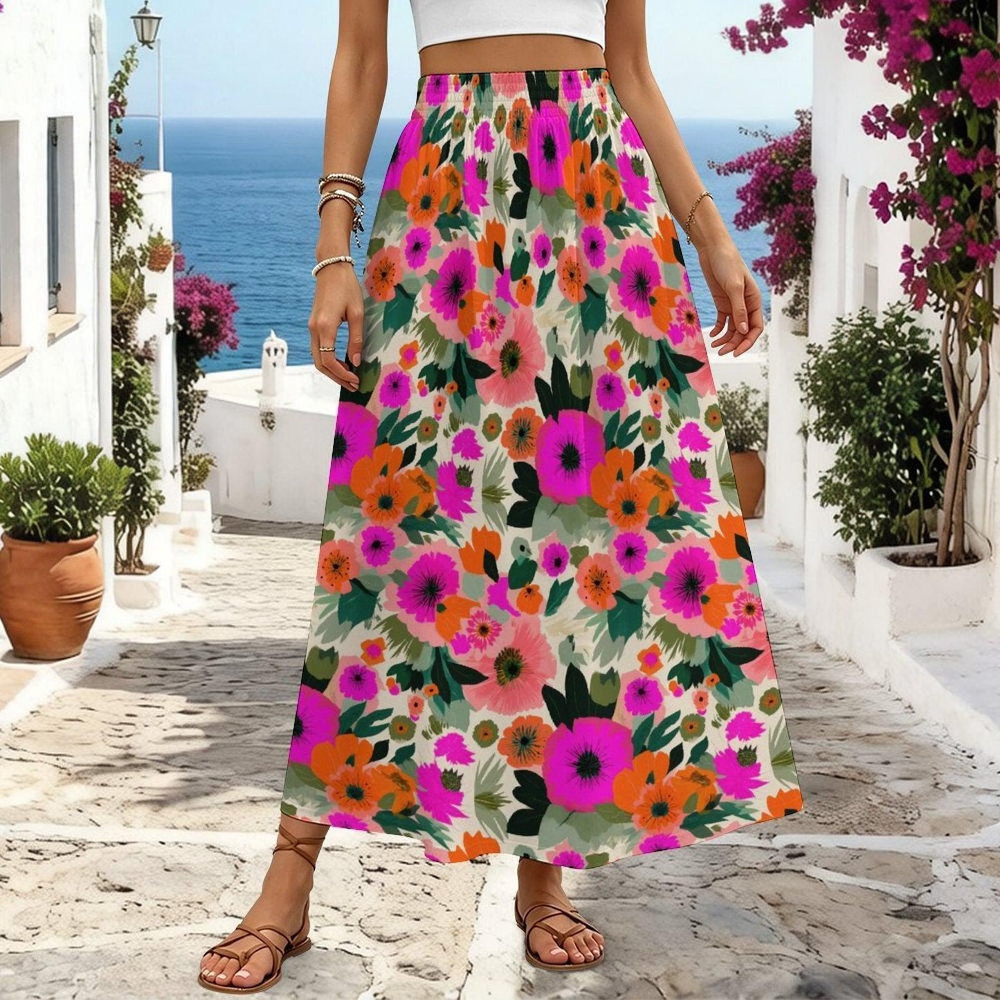 Bold Floral Maxi Skirt, Tropical Garden Print, High Waist Flowy Vacation Skirt