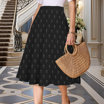 Black Skull Print Midi Skirt, Subtle Gothic Dark Academia Flowy Style