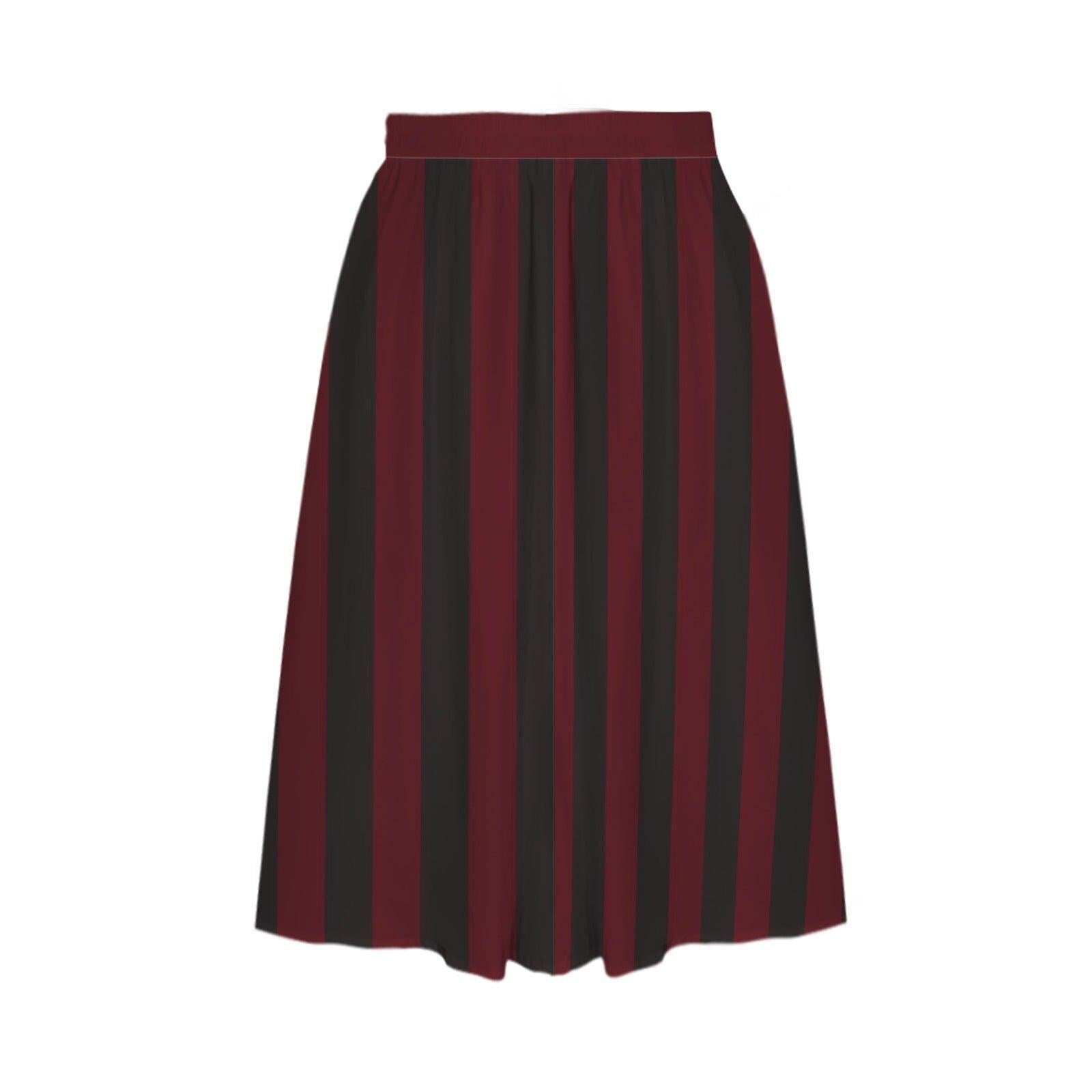 Burgundy Black Striped Midi Skirt, High Waist A Line With Pockets
