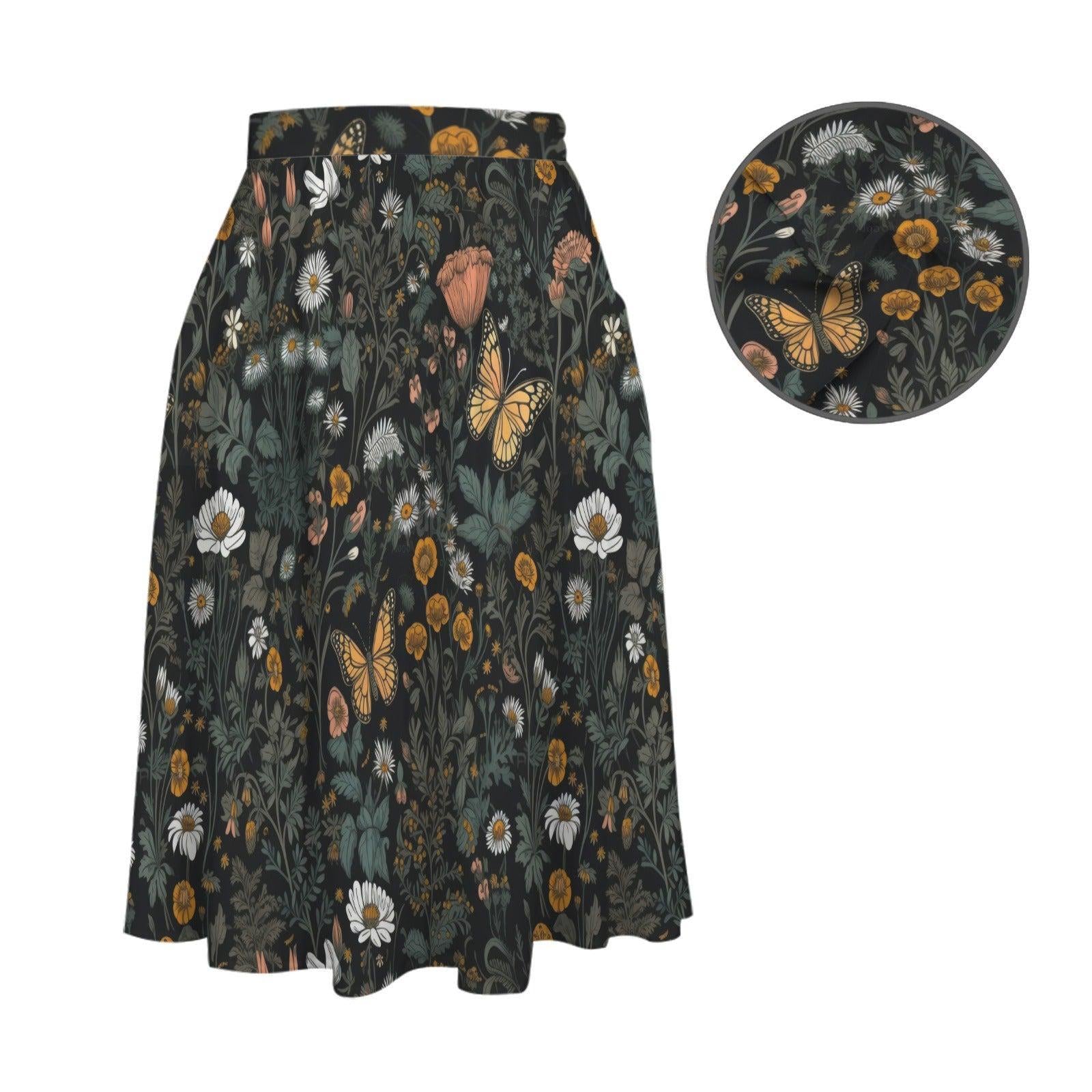Dark Meadow Butterfly Midi Skirt, Cottagecore Floral A-Line with Pockets