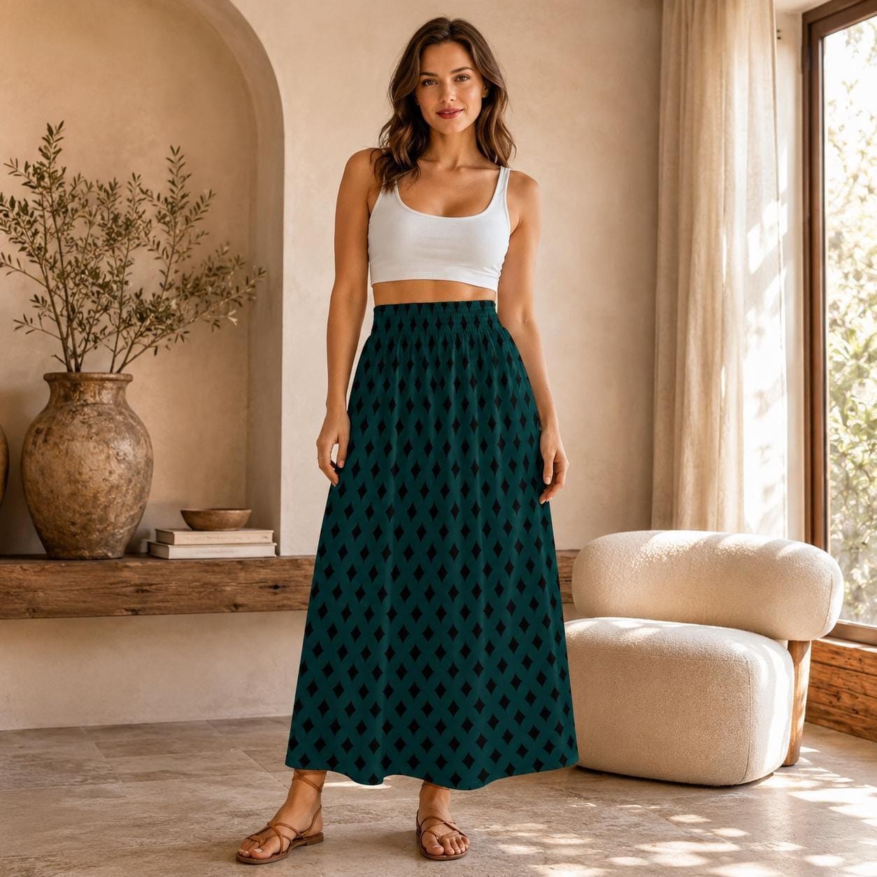 Teal Geometric Maxi Skirt, Black Diamond Print, Boho Statement, High Waist Flowy Vacation Styling