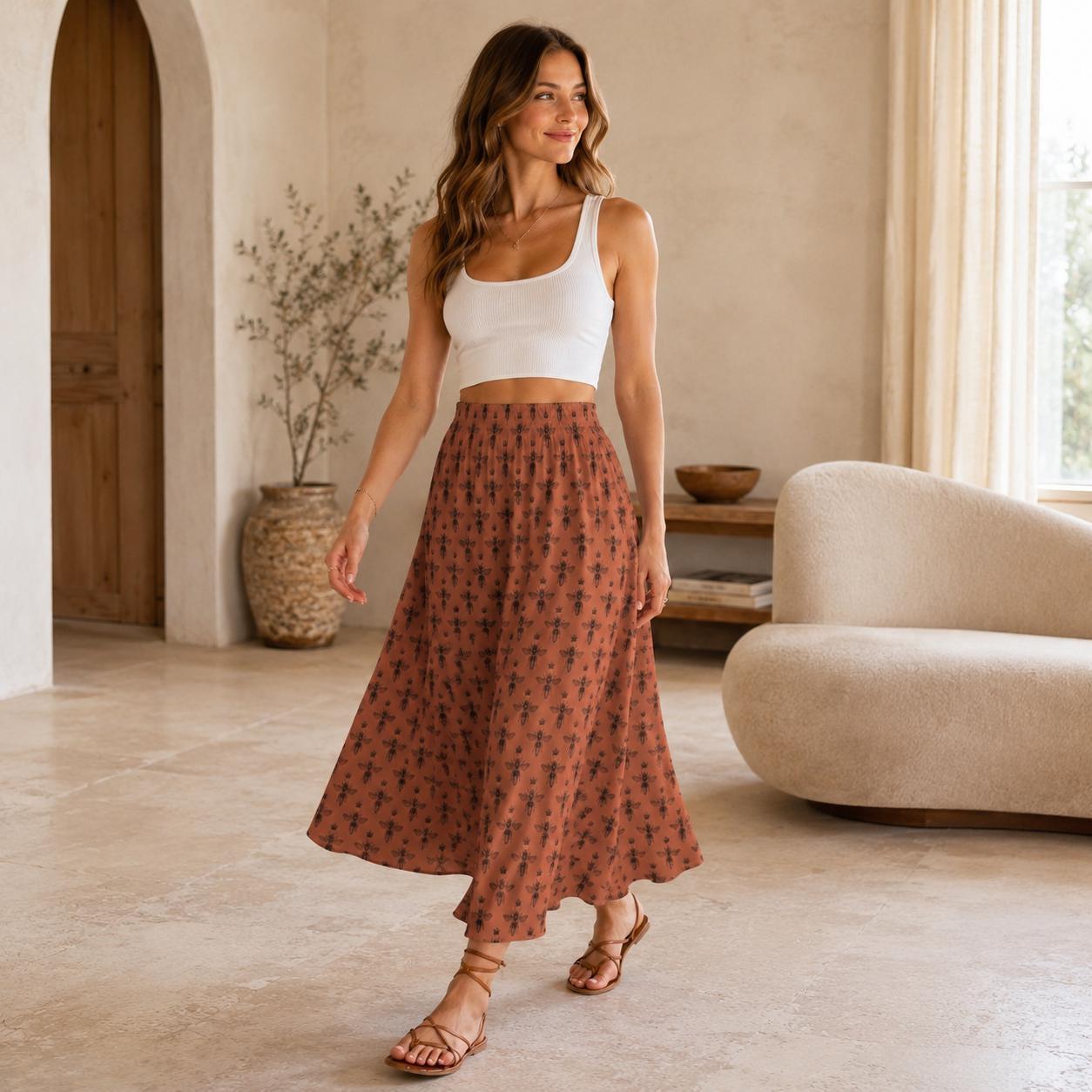 Rust Bee Print Maxi Skirt, Botanical Insect Pattern, Cottagecore Flowy High Waist Summer Skirt