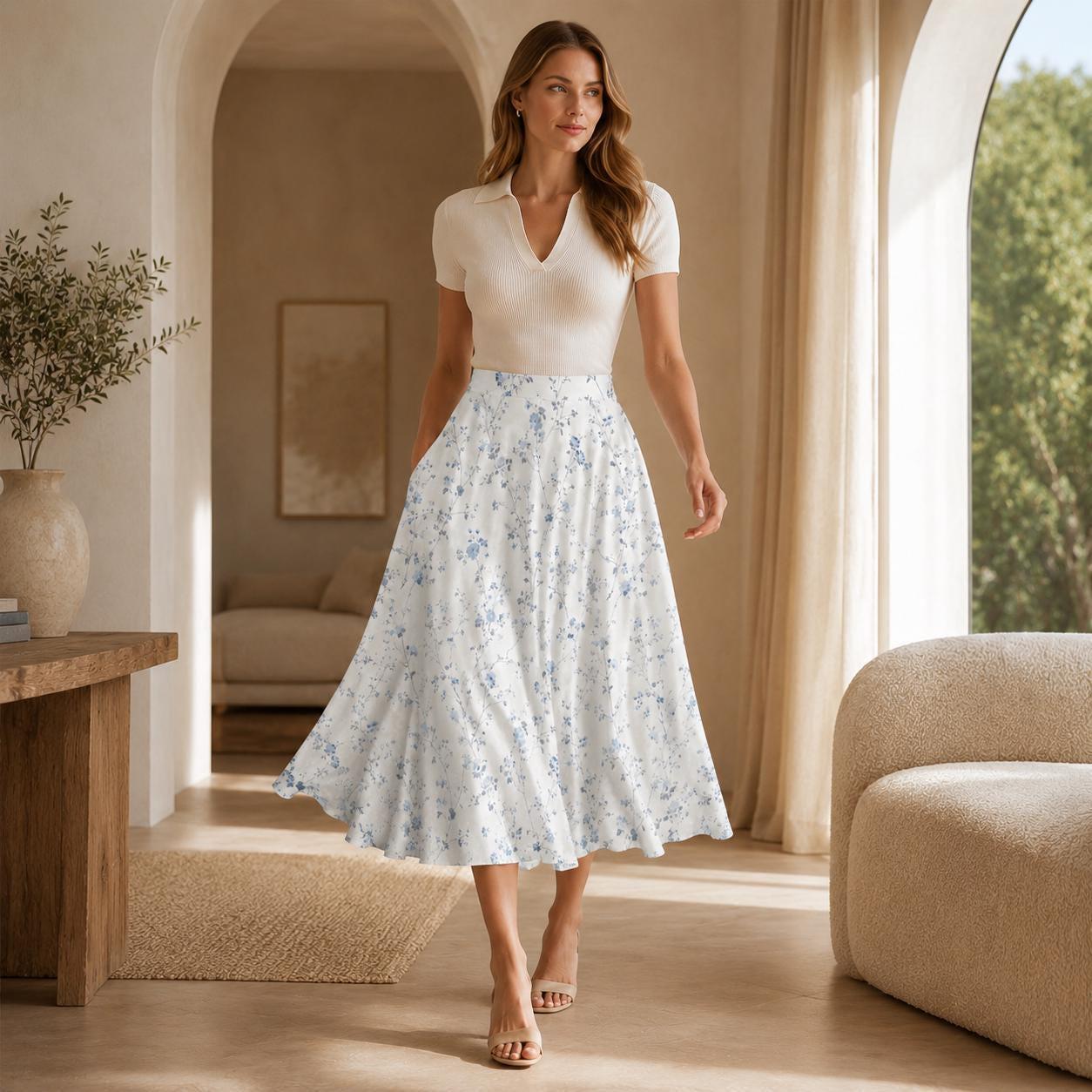 Blue Wildflower Midi Skirt, White Cottage Garden A-Line, High Waist with Pockets