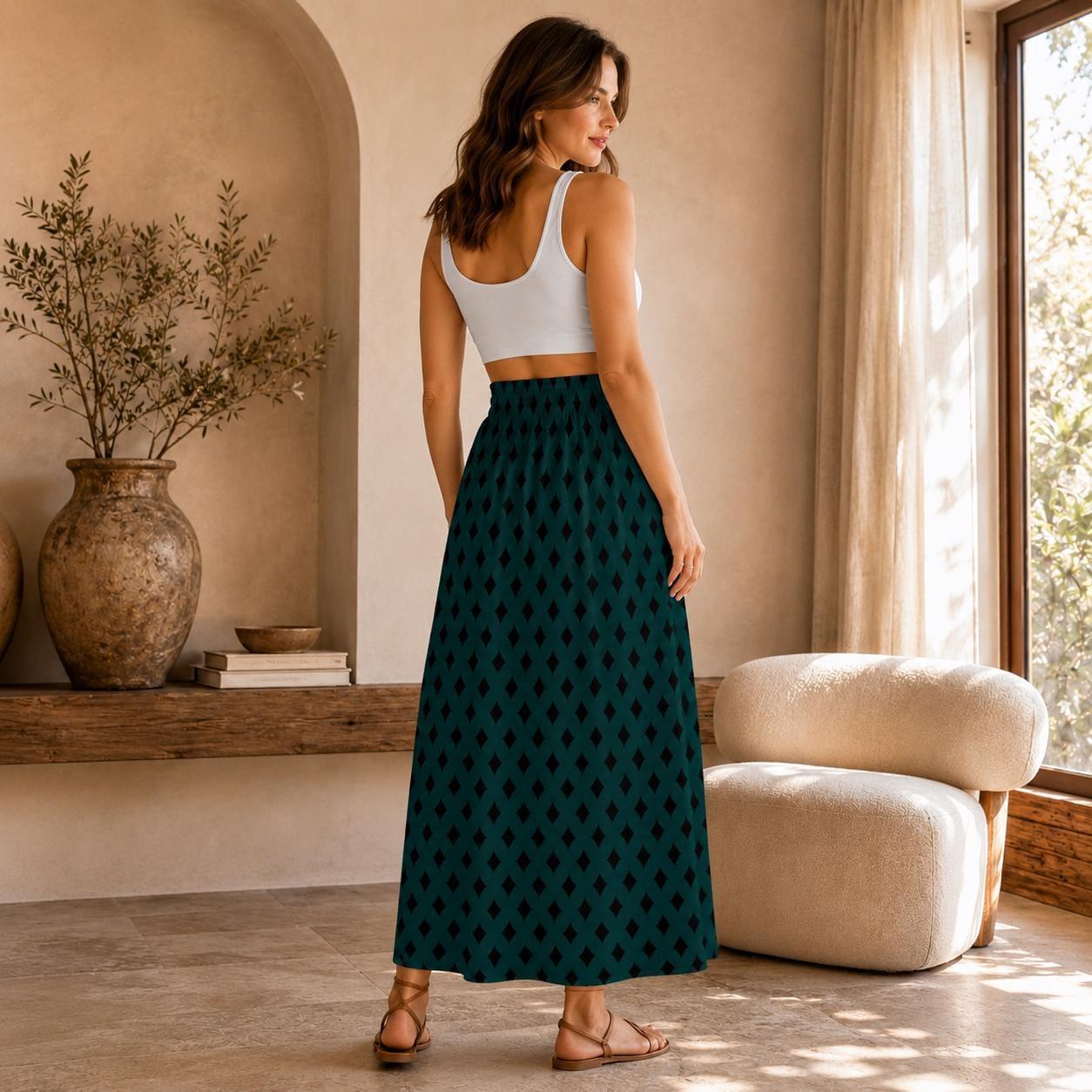 Teal Geometric Maxi Skirt, Black Diamond Print, Boho Statement, High Waist Flowy Vacation Styling
