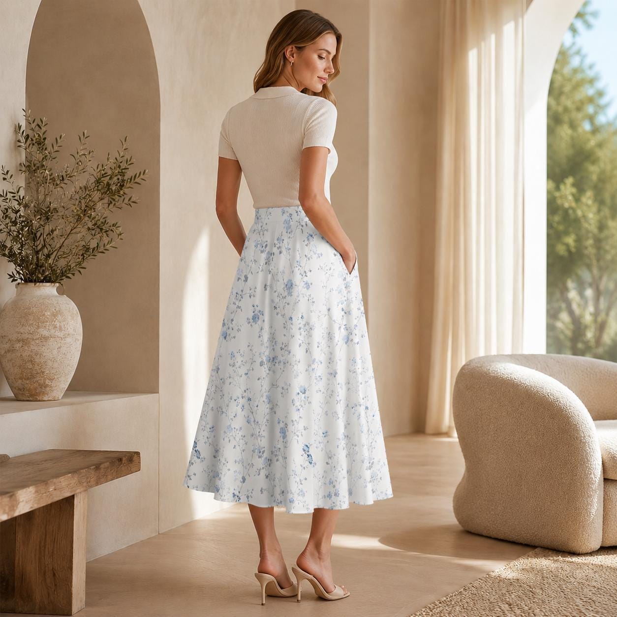 Blue Wildflower Midi Skirt, White Cottage Garden A-Line, High Waist with Pockets