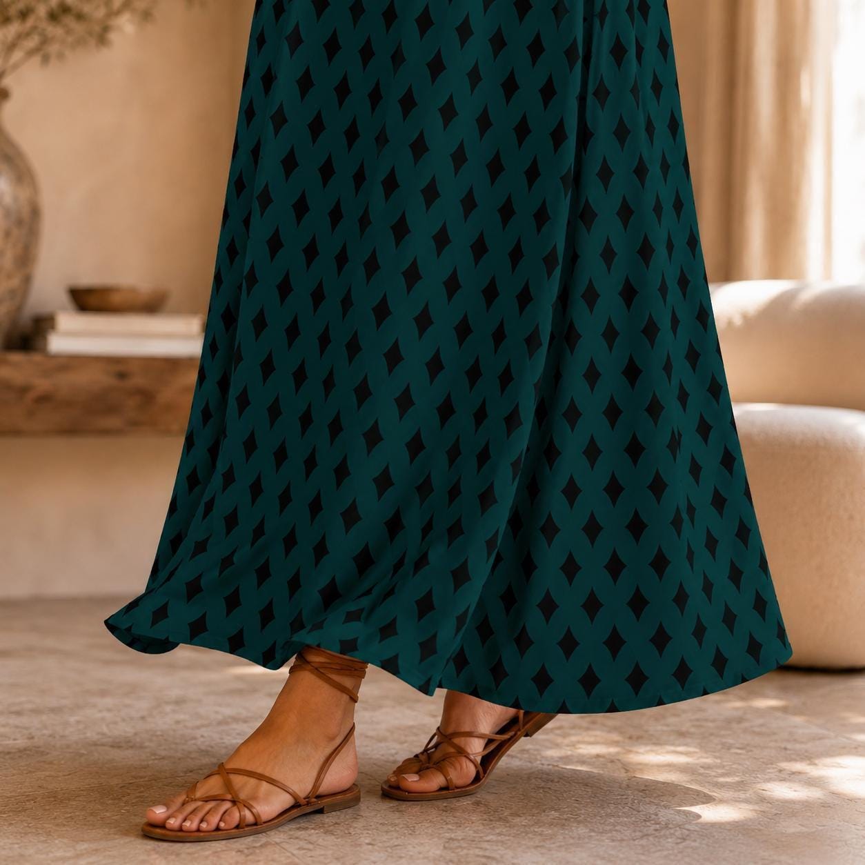 Teal Geometric Maxi Skirt, Black Diamond Print, Boho Statement, High Waist Flowy Vacation Styling
