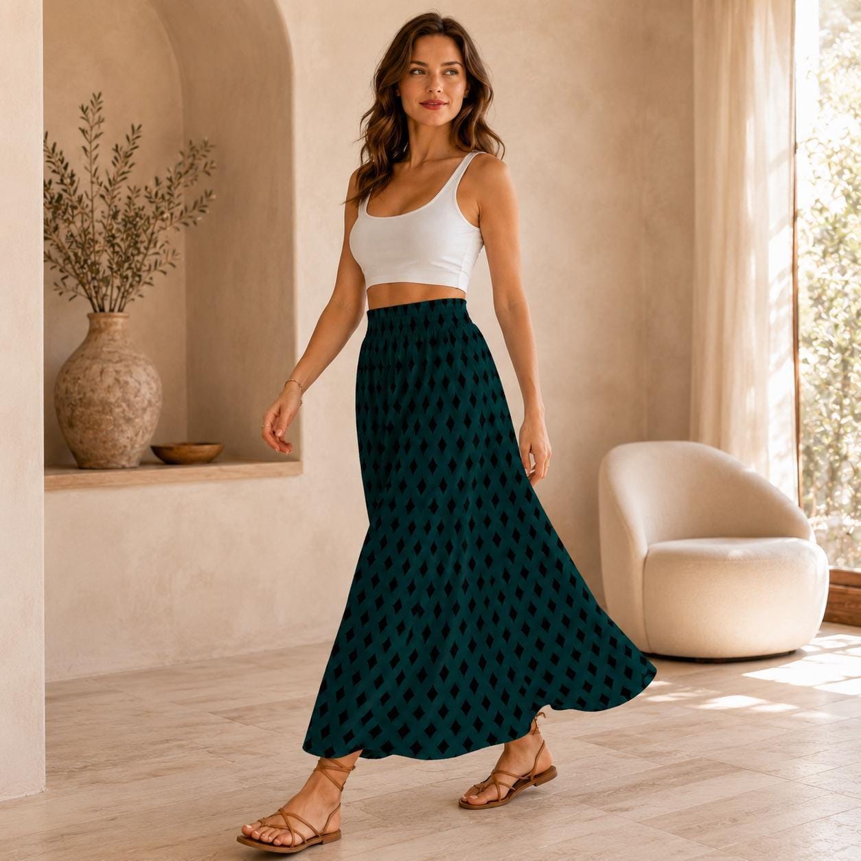 Teal Geometric Maxi Skirt, Black Diamond Print, Boho Statement, High Waist Flowy Vacation Styling
