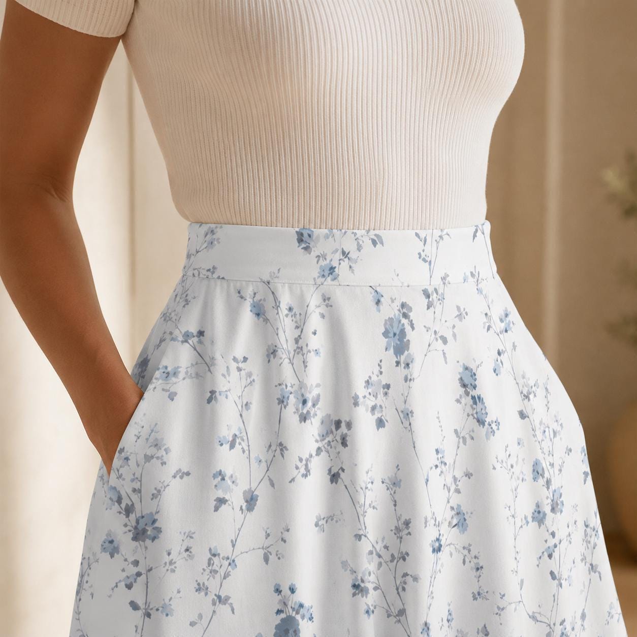 Blue Wildflower Midi Skirt, White Cottage Garden A-Line, High Waist with Pockets