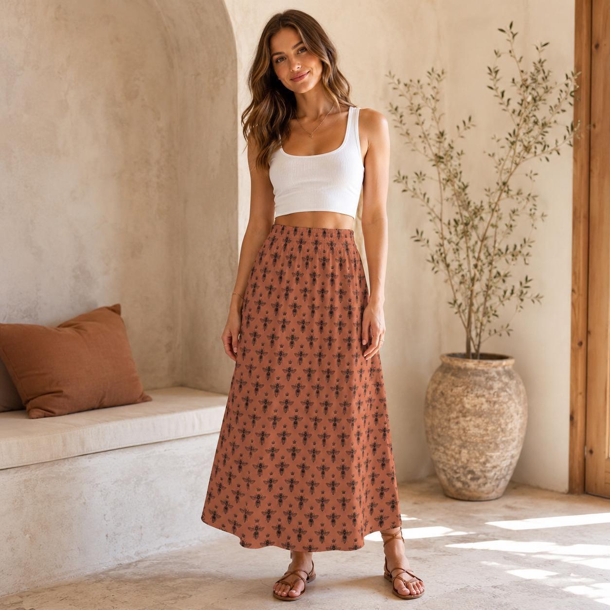 Rust Bee Print Maxi Skirt, Botanical Insect Pattern, Cottagecore Flowy High Waist Summer Skirt