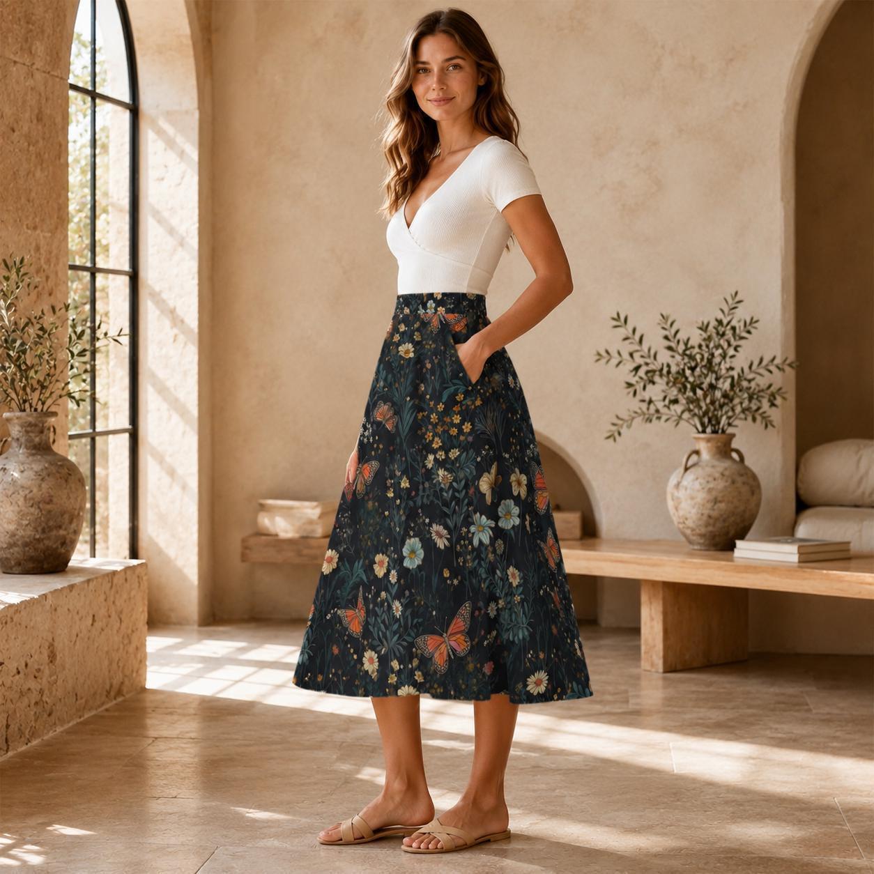 Dark Floral Butterfly Midi Skirt, High Waist Wildflower Print, Cottagecore Garden Party