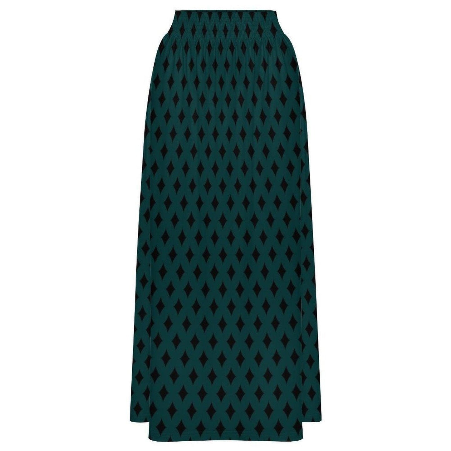 Teal Geometric Maxi Skirt, Black Diamond Print, Boho Statement, High Waist Flowy Vacation Styling