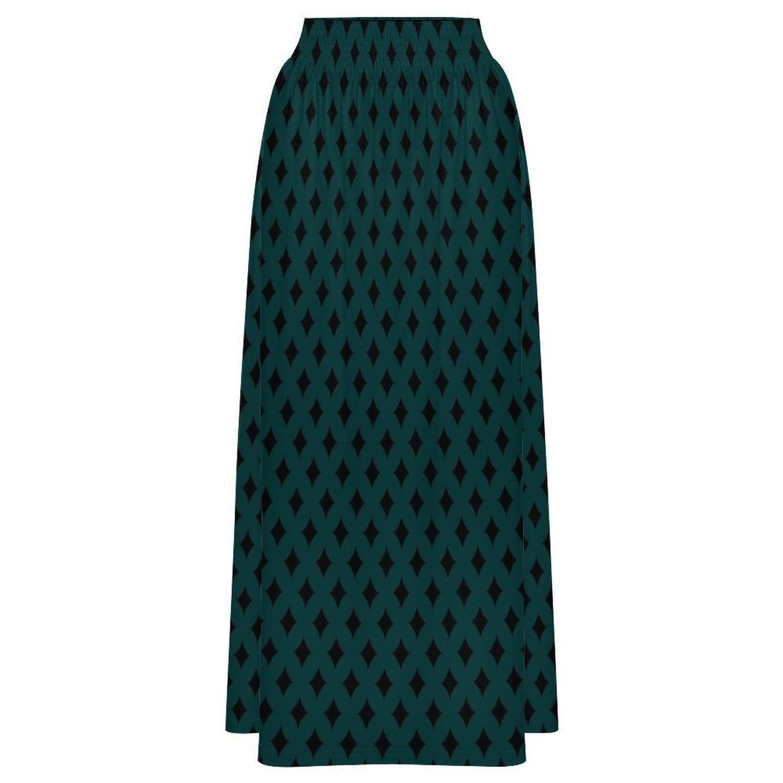 Teal Geometric Maxi Skirt, Black Diamond Print, Boho Statement, High Waist Flowy Vacation Styling