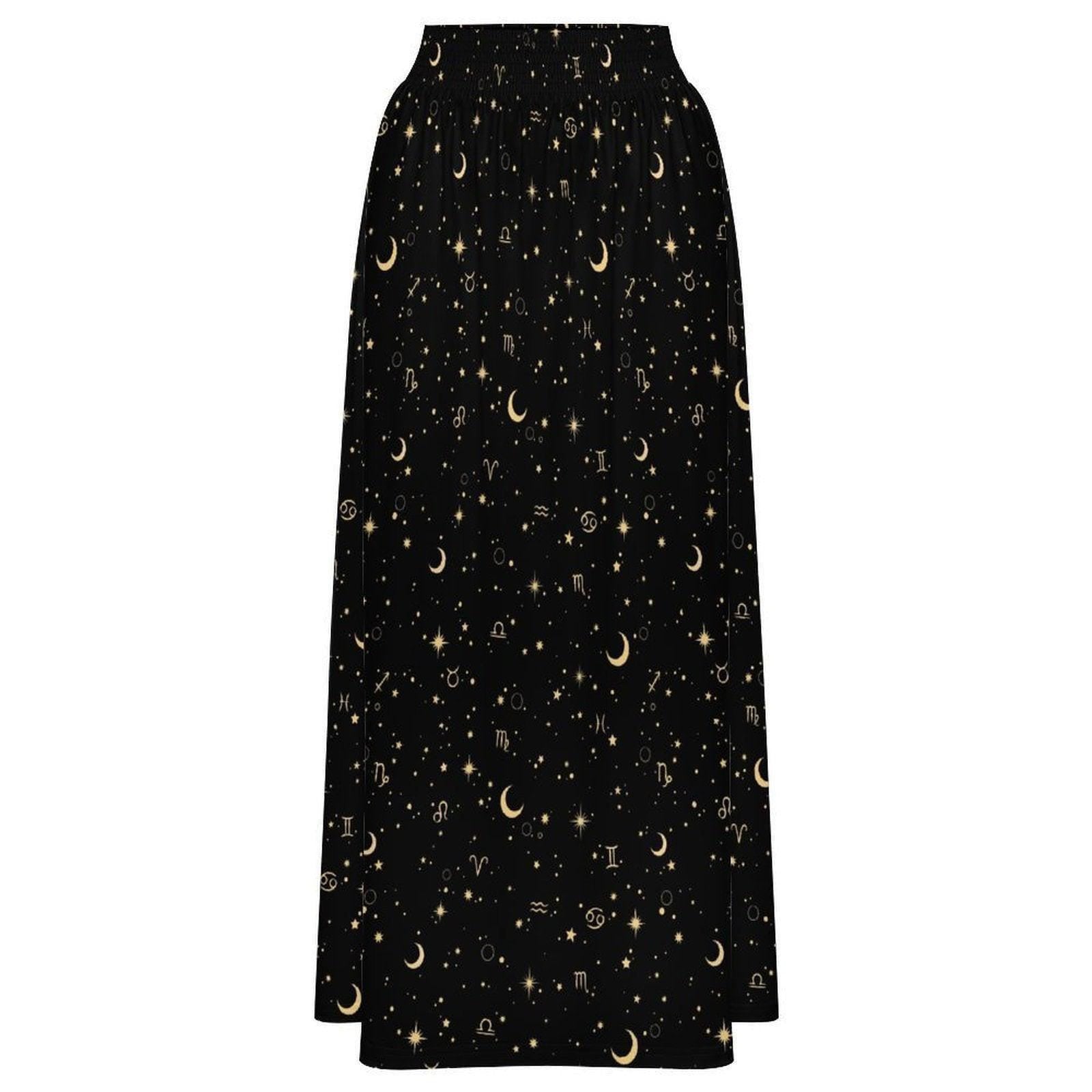 Celestial Maxi Skirt, Black Zodiac Astrology Print, Whimsigoth High Waist Festival Skirt