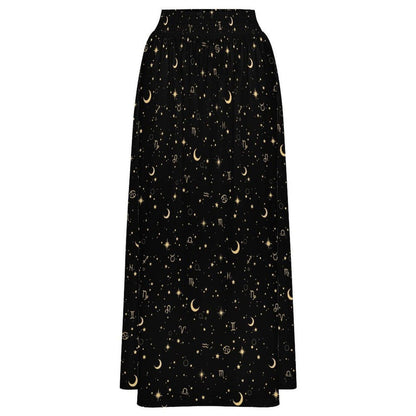 Celestial Maxi Skirt, Black Zodiac Astrology Print, Whimsigoth High Waist Festival Skirt
