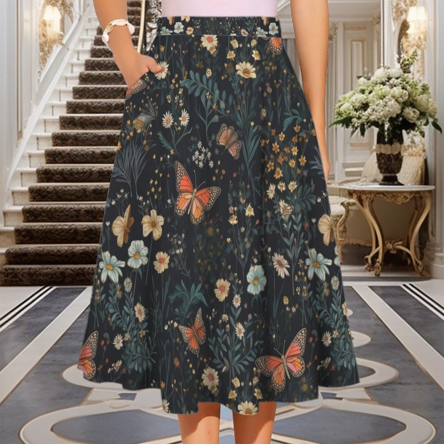 Dark Floral Butterfly Midi Skirt, High Waist Wildflower Print, Cottagecore Garden Party