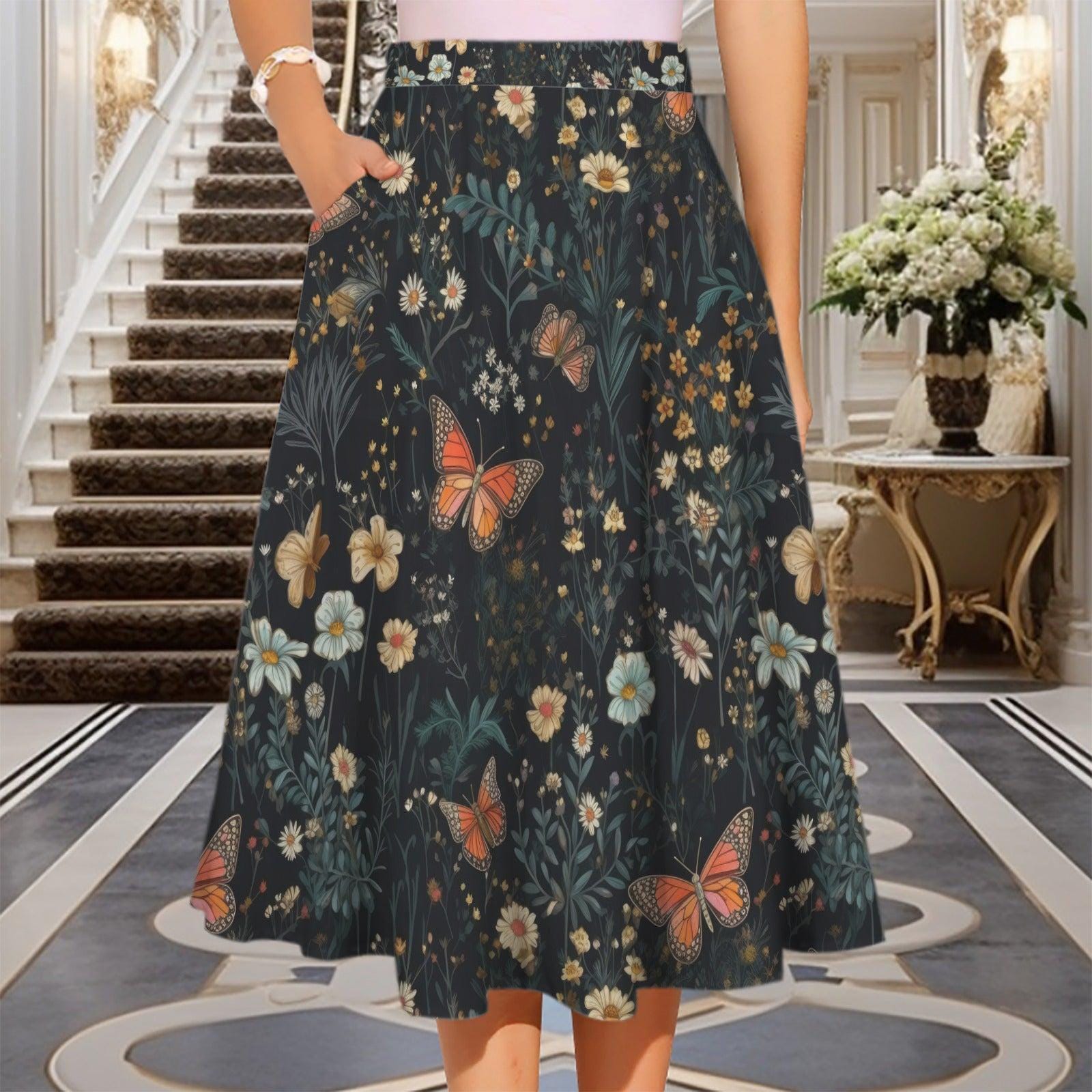 Dark Floral Butterfly Midi Skirt, High Waist Wildflower Print, Cottagecore Garden Party