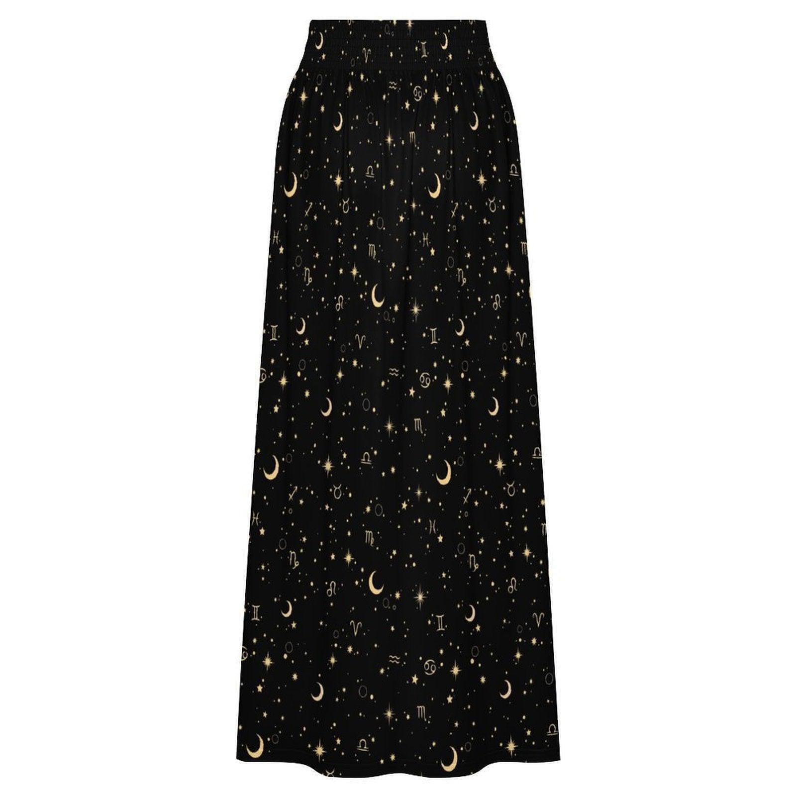 Celestial Maxi Skirt, Black Zodiac Astrology Print, Whimsigoth High Waist Festival Skirt