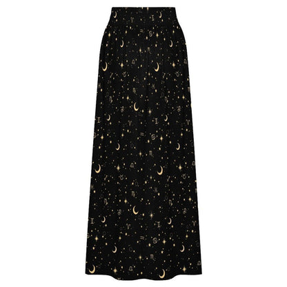 Celestial Maxi Skirt, Black Zodiac Astrology Print, Whimsigoth High Waist Festival Skirt