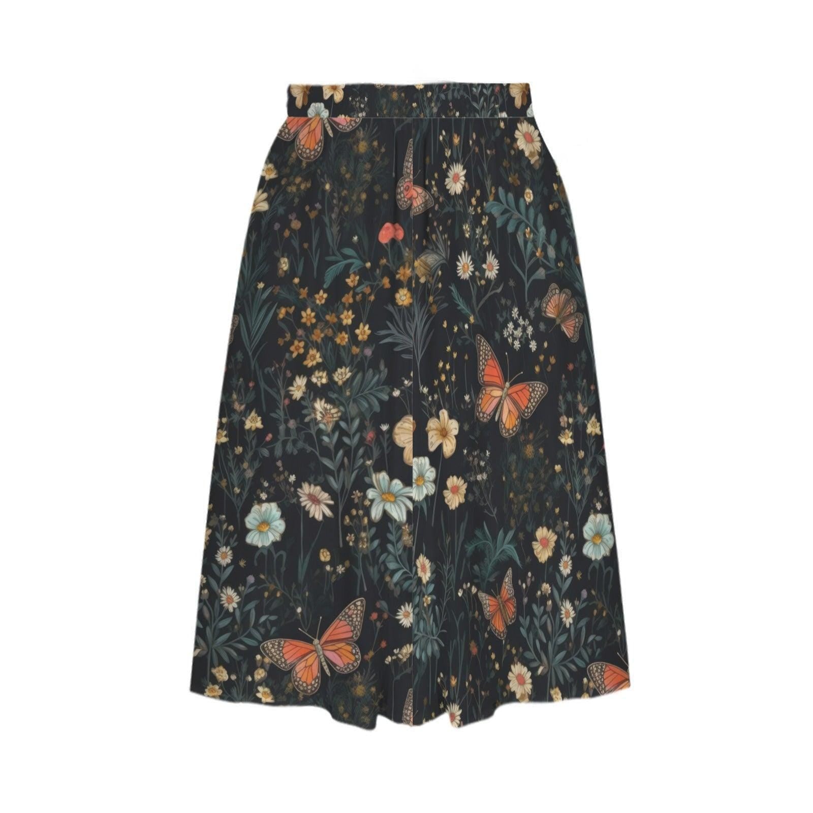Dark Floral Butterfly Midi Skirt, High Waist Wildflower Print, Cottagecore Garden Party
