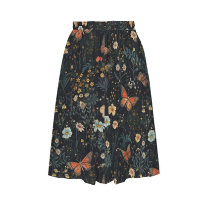 Dark Floral Butterfly Midi Skirt, High Waist Wildflower Print, Cottagecore Garden Party