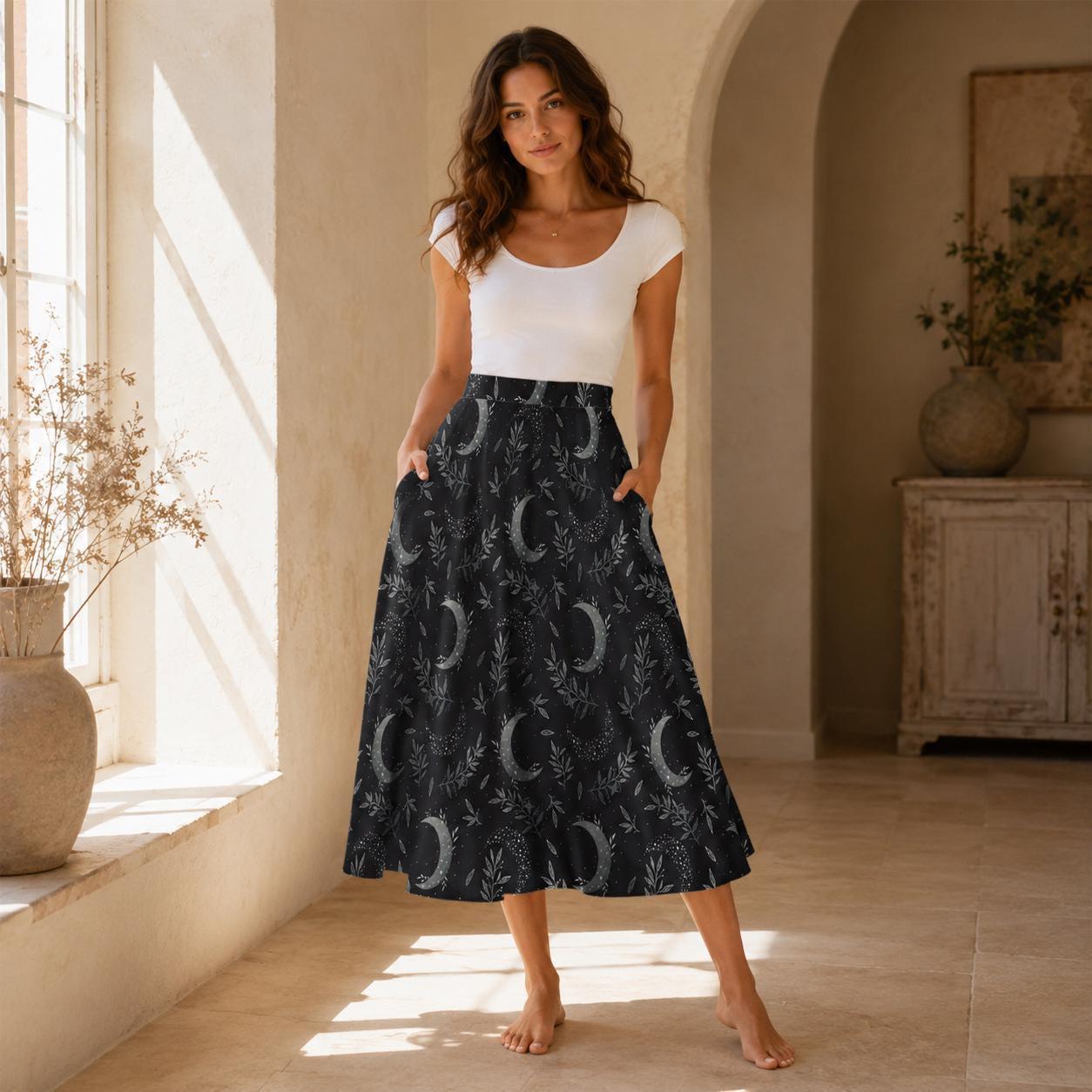 Celestial Moon Midi Skirt, Dark Botanical Print, High Waist A-Line, Witchy Style