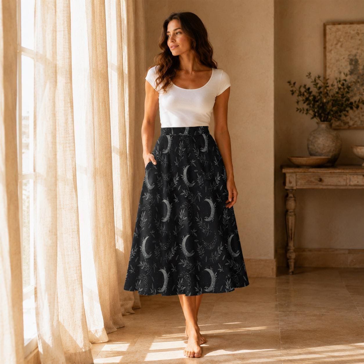 Celestial Moon Midi Skirt, Dark Botanical Print, High Waist A-Line, Witchy Style