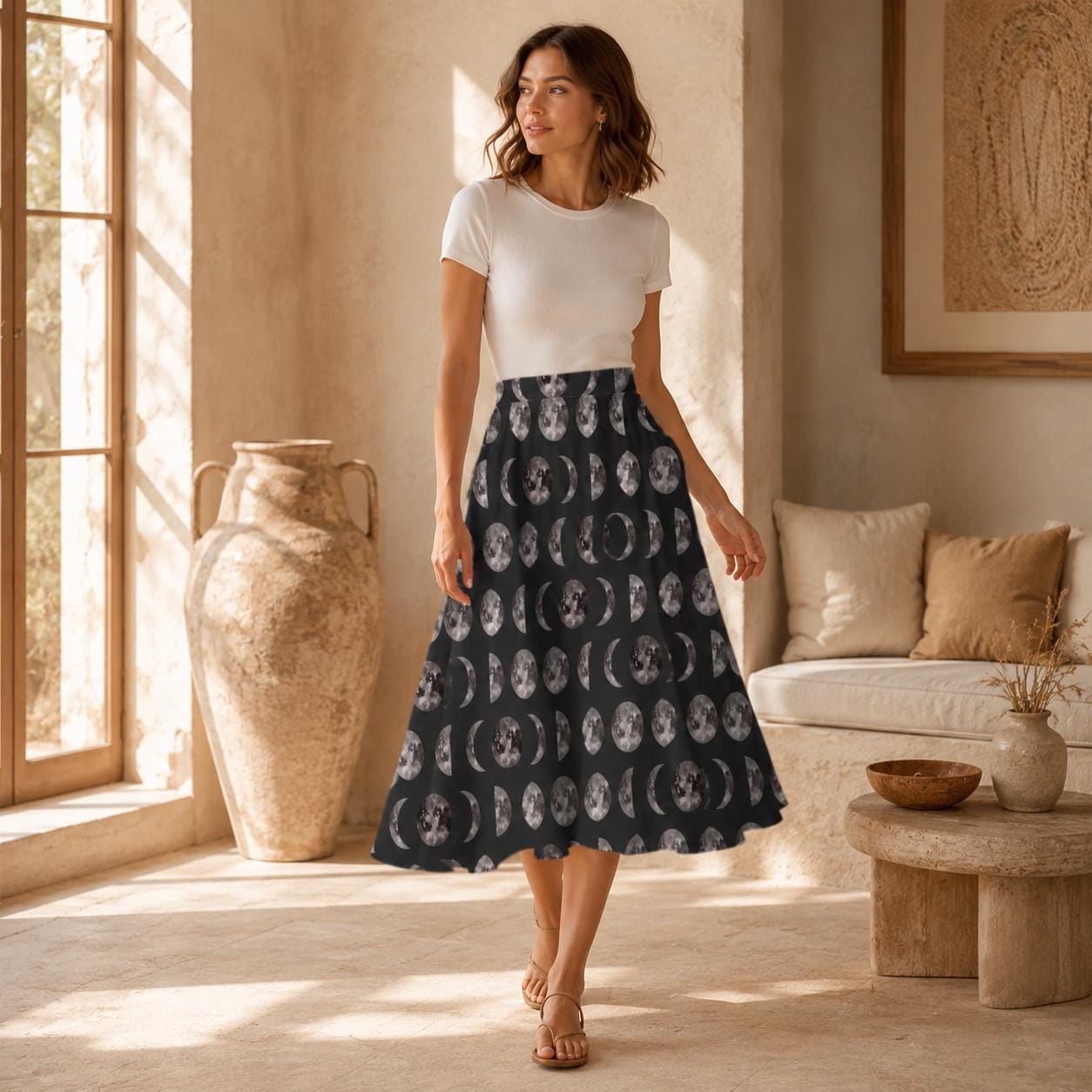 Moon Phase Midi Skirt, Lunar Print, High Waist A-Line with Pockets